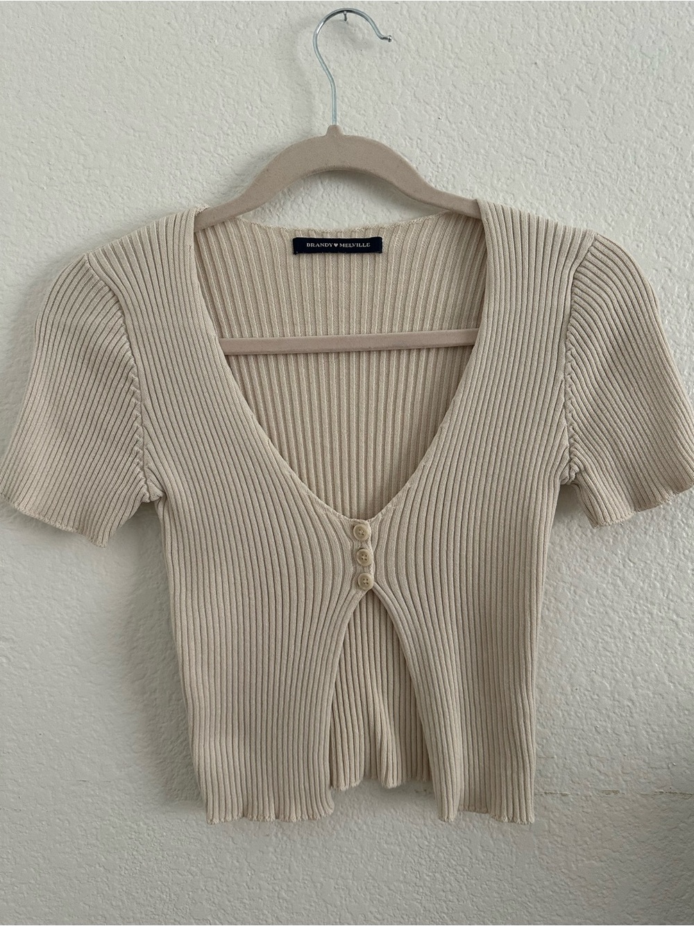 Brandy Melville Cream Ribbed V-Neck Button Crop Top